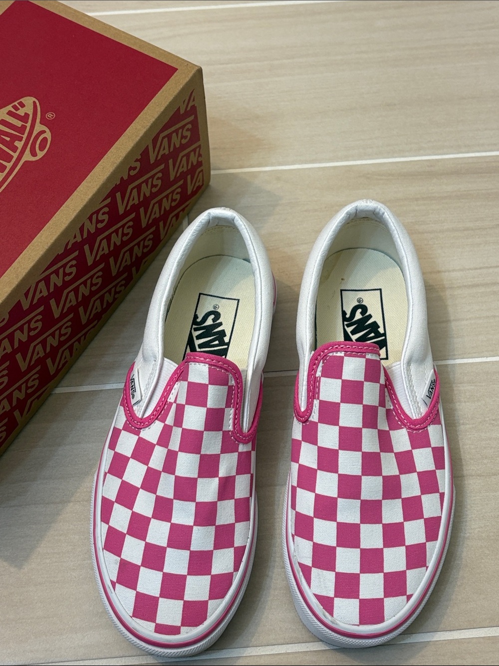 Vans Pink & White Checkerboard Slip-On Sneakers - Picture 3 of 9
